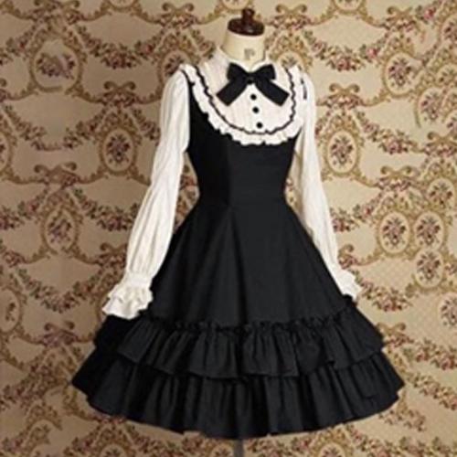 Лолитное чёрно-белое платье горничной в стиле ретро, с бантом, с длинными рукавами